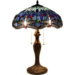 imageWERFACTORY Tiffany Style Table Lamp Blue Stained Glass Dragonfly Bedside Desk Reading Light Metal Base 16X16X24 Inches Decor Bedroom Living Room Home Office S004 Series