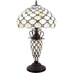 imageWERFACTORY Tiffany Style Table Lamp Cream Stained Glass Crystal Bead Lamp 12X12X22 Inches MotherDaughter Vase Desk Reading Light Decor Bedroom Living Room Home Office S005 Series