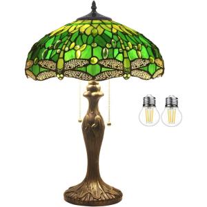 imageWERFACTORY Tiffany Style Table Lamp Green Stained Glass Dragonfly Bedside Lamp 16X16X24 Inch Desk Reading Light Metal Base Decor Bedroom Living Room Home Office S459 Series