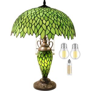 imageWERFACTORY Tiffany Style Table Lamp Green Stained Glass Wisteria MotherDaughter Vase Lamp 16X16X24 Inches Desk Reading Light Decor Bedroom Living Room Home Office S523 Series