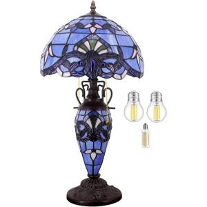 imageWERFACTORY Tiffany Style Table Lamp Lavender Blue Purple Baroque Stained Glass 12X12X22 Inches MotherDaughter Vase Desk Light Decor Bedroom Living Room Home Office S003C Series