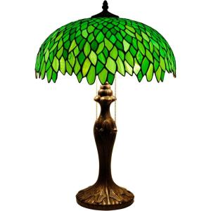 imageWERFACTORY Tiffany Style Table Lamp Stained Glass Bedside Lamp Green Wisteria Desk Reading Light Metal Base 16X16X24 Inches Decor Bedroom Living Room Home Office S523 Series