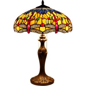 imageWERFACTORY Tiffany Style Table Lamp Stained Glass Bedside Lamp Orange Blue Dragonfly 16X16X24 Inches Desk Reading Light Metal Base Decor Bedroom Living Room Home Office S168 Series