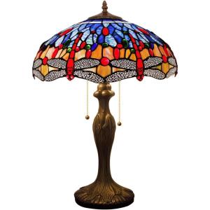 imageWERFACTORY Tiffany Table Lamp Blue Orange Stained Glass Dragonfly Style Bedside Lamp 16X16X24 Inches Desk Reading Light Metal Base Decor Bedroom Living Room Home Office S688 Series