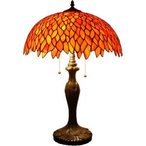 imageWERFACTORY Tiffany Table Lamp Orange Red Wisteria Stained Glass Bedside Lamp 16X16X24 Inches Desk Reading Light Metal Base Decor Bedroom Living Room Home Office S523R Series