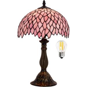imageWERFACTORY Tiffany Table Lamp Pink Wisteria Style Stained Glass Desk Bedside Reading Light 12X12X18 Inches Decor Bedroom Living Room Home Office S523 Series