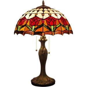 imageWERFACTORY Tiffany Table Lamp Red Stained Glass Tulip Lamp 16X16X24 Inches Desk Reading Light Metal Base Decor Bedroom Living Room Home Office S030 Series