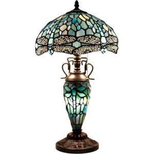 imageWERFACTORY Tiffany Table Lamp Sea Blue Stained Glass Dragonfly Style 12X12X22 Inches MotherDaughter Vase Desk Reading Light Decor Bedroom Living Room Home Office S147 Series