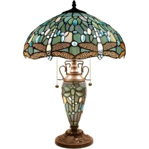 imageWERFACTORY Tiffany Table Lamp Sea Blue Stained Glass Dragonfly Style 16X16X24 Inches MotherDaughter Vase Desk Reading Light Decor Bedroom Living Room Home Office S147 Series