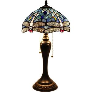 imageWERFACTORY Tiffany Table Lamp Sea Blue Stained Glass Dragonfly Style Bedside Lamp Desk Reading Light 12X12X22 Inches Decor Bedroom Living Room Home Office S631 Series