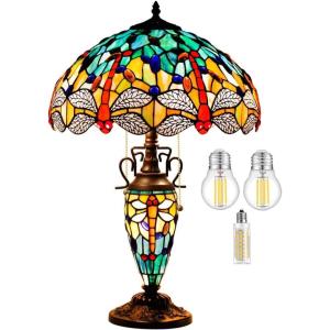 imageWERFACTORY Tiffany Table Lamp Sea Blue Yellow Stained Glass Dragonfly MatherDaughter Vase Table Lamp 16X16X24 Inches Desk Light Decor Bedroom Living Room Home Office S128 Series
