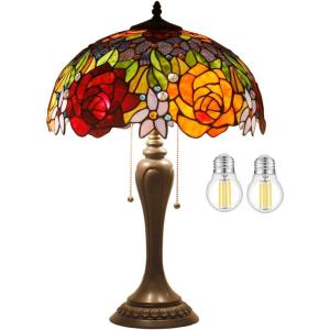 imageWERFACTORY Tiffany Table Lamp Stained Glass Bedside Lamp Red Rose 16X16X24 Inches Desk Reading Light Resin Base Decor Bedroom Living Room Home Office S001 Series