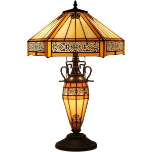 imageWERFACTORY Tiffany Table Lamp Yellow Stained Glass Hexagon Mission MotherDaughter Vase Lamp 16X16X24 Inches Desk Reading Light Decor Bedroom Living Room Home Office S011 Series