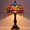imageWERFACTORY Tiffany Lamp Stained Glass Bedside Table Lamp Orange Blue Dragonfly Style Reading Desk Light 12X12X18 Inches Decor Bedroom Living Room Home Office S168 Series