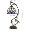 imageWERFACTORY Tiffany Style Lamp White Blue Stained Glass Table Lamp Reading Desk Light Metal Leaf Base 8X10X21 Inches Decor Small Space Bedside Bedroom Home Office S003B Series