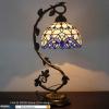 imageWERFACTORY Tiffany Style Lamp White Blue Stained Glass Table Lamp Reading Desk Light Metal Leaf Base 8X10X21 Inches Decor Small Space Bedside Bedroom Home Office S003B Series