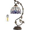imageWERFACTORY Tiffany Style Lamp White Blue Stained Glass Table Lamp Reading Desk Light Metal Leaf Base 8X10X21 Inches Decor Small Space Bedside Bedroom Home Office S003B Series