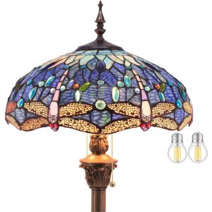 imageWERFACTORY Tiffany Floor Lamp Dragonfly Blue Cloud Stained Glass Standing Reading Light 16X16X64 Inches Antique Pole Corner Lamp Decor Bedroom Living Room Home Office S631 Series