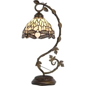 imageWERFACTORY Tiffany Lamp Amber Stained Glass Dragonfly Table Lamp Desk Reading Light Metal Leaf Base Decor Small Space Bedroom Home Office S139 Series