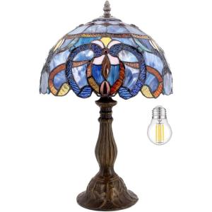 imageWERFACTORY Tiffany Lamp Blue Purple Stained Glass Style Table Lamp Reading Desk Light 12X12X18 Inches Decor Bedroom Living Room Home Office S558 Series