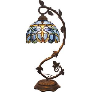 imageWERFACTORY Tiffany Lamp Cloudy Blue Stained Glass Table Lamp Metal Leaf Base 8X10X21 Inches Reading Desk Light Decor Small Space Bedside Bedroom Home Office S558 Series