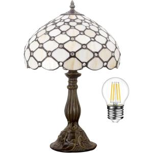 imageWERFACTORY Tiffany Lamp Cream Amber Stained Glass Bead Table Lamp Desk Bedside Reading Light 12X12X18 Inches Deco Bedroom Living Room Home Office S005 Series