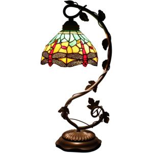 imageWERFACTORY Tiffany Lamp Green Yellow Stained Glass Dragonfly Style Table Lamp Metal Leaf Base 8X10X21 Inches Desk Light Decor Small Space Bedroom Home Office S009G Series