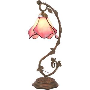 imageWERFACTORY Tiffany Lamp Pink Stained Glass Table Lamp Metal Leaf Table Desk Reading Light 8X10X21 Inches Decor Small Space Bedroom Home Office S701 Series