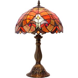 imageWERFACTORY Tiffany Lamp Red Liaison Stained Glass Table Lamp Desk Bedside Reading Light 12X12X18 Inches Decor Bedroom Living Room Home Office S160R Series