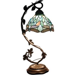 imageWERFACTORY Tiffany Lamp Sea Blue Stained Glass Dragonfly Style Desk Reading Light Metal Leaf Table Lamp Base 8X10X21 Inches Decor Small Space Bedside Bedroom Home Office S147 Series