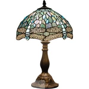 imageWERFACTORY Tiffany Lamp Sea Blue Stained Glass Table Lamp 12X12X18 Inches Dragonfly Style Desk Reading Light S147 Series