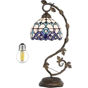 imageWERFACTORY Tiffany Style Lamp White Blue Stained Glass Table Lamp Reading Desk Light Metal Leaf Base 8X10X21 Inches Decor Small Space Bedside Bedroom Home Office S003B Series