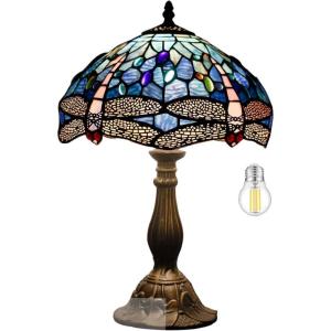 imageWERFACTORY Tiffany Table Lamp Blue Stained Glass Dragonfly Style Desk Bedside Reading Light 12X12X18 Inches Decor Bedroom Living Room Home Office S631 Series