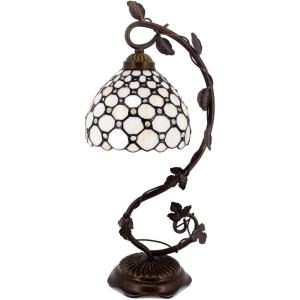 imageWERFACTORY Tiffany Table Lamp Cream Stained Glass Pearl Style Desk Light with Metal Leaf Base 8X10X21 Inches Decor Small Space Bedroom Home Office S005 Series