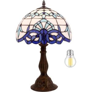 imageWERFACTORY Tiffany Table Lamp Navy Blue Baroque Stained Glass Style Desk Bedside Reading Light 12X12X18 Inches Decor Bedroom Living Room Home Office S003B Series