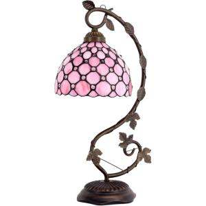 imageWERFACTORY Tiffany Table Lamp Pink Stained Glass Pearl Style Desk Light with Metal Leaf Base 8X10X21 Inches Decor Small Space Bedroom Home Office S005P