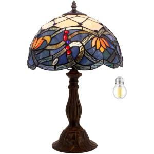 imageWERFACTORY Tiffany Table Lamp Stained Glass Bedside Lamp Blue Lotus Desk Reading Light 12X12X18 Inches Decor Bedroom Living Room Home Office S220 Series