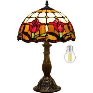 imageWERFACTORY Tiffany Table Lamp Stained Glass Style Tulip Flower Bedside Reading Desk Light 12X12X18 Inches Decor Bedroom Living Room Home Office S030 Series