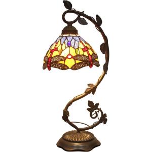 imageWERFACTORY Tiffany Table lamp Blue Yellow Stained Glass Dragonfly Style Desk Light with Metal Leaf Base 8X10X21 Inches Decor Small Space Bedroom Home Office S168 Series