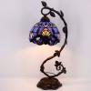 imageWERFACTORY Tiffany Table Lamp Blue Purple Stained Glass Baroque Style Reading Desk Light Metal Leaf Base 8X10X21 Inches Decor Small Space Bedside Bedroom Home Office S003C Series