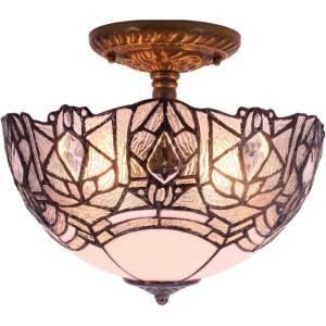 imageWERFACTORY Tiffany Ceiling Light Fixture Crystal Bead White Stained Glass Semi Flush Mount Lamp Wide 12 Inch Height 11 Inch S508W Series