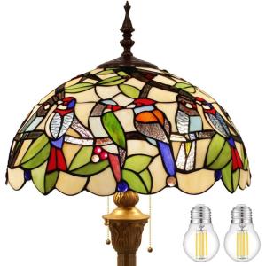 imageWERFACTORY Tiffany Floor Lamp Double Birds Amber Stained Glass Standing Reading Light 16X16X64 Inches Antique Pole Corner Lamp Decor Bedroom Living Room Home Office S805 Series