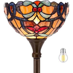 imageWERFACTORY Tiffany Floor Lamp Orange Liaison Stained Glass Light 12X12X66 Inches Pole Torchiere Standing Corner Torch Uplight Decor Bedroom Living Room Home Office S617 Series