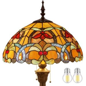 imageWERFACTORY Tiffany Floor Lamp Orange Liaison Stained Glass Standing Reading Light 16X16X64 Inches Antique Pole Corner Lamp Decor Bedroom Living Room Home Office S617 Series