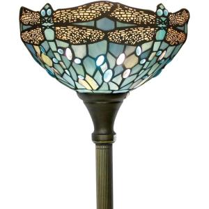 imageWERFACTORY Tiffany Floor Lamp Sea Blue Stained Glass Dragonfly Light 12X12X66 Inches Pole Torchiere Standing Corner Torch Uplight Decor Bedroom Living Room Home Office S147 Series