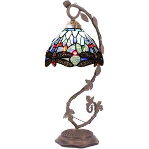 imageWERFACTORY Tiffany Lamp Blue Stained Glass Dragonfly Style Table Lamp Metal Leaf Base 8X10X21 Inches Desk Light Decor Small Space Bedroom Home Office S004 Series