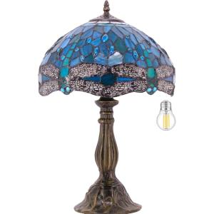 imageWERFACTORY Tiffany Lamp Green Blue Stained Glass Dragonfly Style Bedside Table Lamp Desk Reading Light 12X12X18 Inches Decor Bedroom Living Room Home Office S622 Series