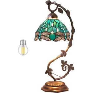 imageWERFACTORY Tiffany Lamp Green Stained Glass Dragonfly Table Lamp Metal Leaf Desk Reading Light 8X10X21 Inches Decor Small Space Bedroom Home Office S622 Series