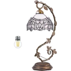 imageWERFACTORY Tiffany Lamp White Bend Stained Glass Style Table Lamp Metal Leaf Base 8X10X21 Inches Desk Reading Light Decor Small Space Bedroom Home Office S508W Series
