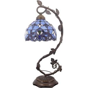 imageWERFACTORY Tiffany Table Lamp Blue Purple Stained Glass Baroque Style Reading Desk Light Metal Leaf Base 8X10X21 Inches Decor Small Space Bedside Bedroom Home Office S003C Series